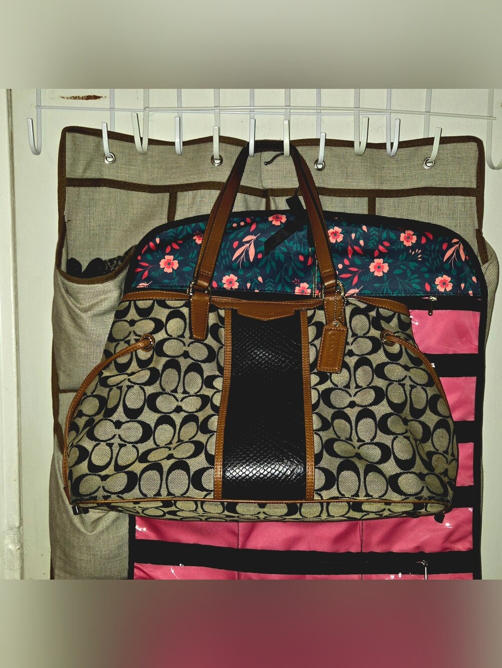 Coach Beige & Black Signature Canvas Shoulder Bag with Brown Leather Trim
